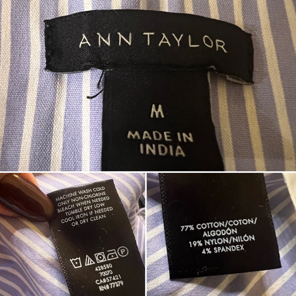 ANN TAYLOR Blue & White Seersucker Stripe Wrap Button Down Modest Midi Dress M - Picture 14 of 16
